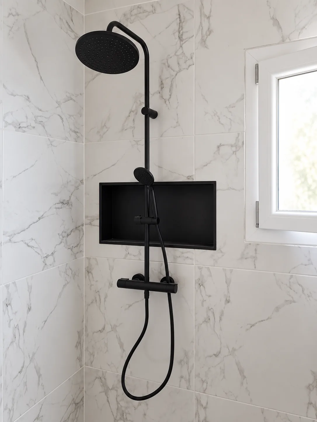 Douche avec receveur plat et colonne noire